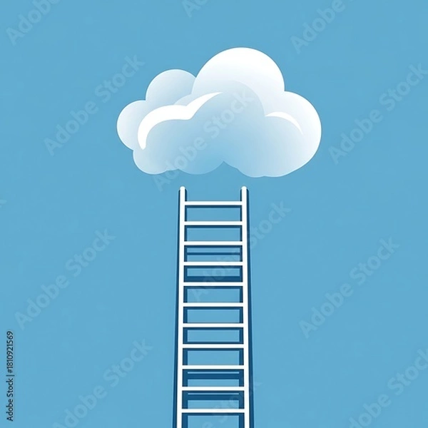 Fototapeta A white ladder extends upwards towards a soft white cloud in a clear blue sky, symbolizing ambition, success, achieving goals, and aspiration. Ideal for themes of growth, dreams, and future endeavors.