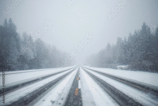 Fototapeta A quiet snow-covered road stretching into the misty winter forest.