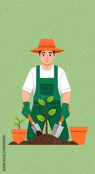 Fototapeta Vibrant illustration of a gardener planting a sapling with gardening tools. A male character in an orange hat and green overalls cultivates growth and nature.