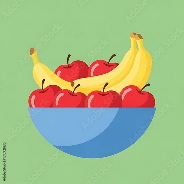 Fototapeta Vibrant illustration of a blue bowl filled with fresh red apples and yellow bananas on a soft green background. Symbolizes healthy eating, natural produce, and nutrition.