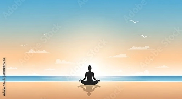 Fototapeta A serene silhouette of a person meditating in a yoga lotus pose on a calm beach during a beautiful sunrise or sunset. Ideal for mindfulness and wellness themes.