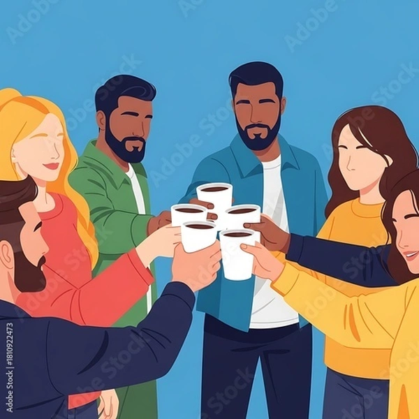 Fototapeta A vibrant illustration of a diverse group of people toasting coffee cups, symbolizing friendship, teamwork, and casual social gatherings. Ideal for themes of connection and breaks.