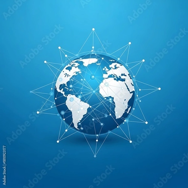 Fototapeta Abstract global network illustration with a planet Earth icon, symbolizing worldwide internet, communication, technology, and data exchange. Perfect for tech and business concepts.