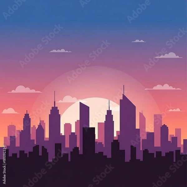 Fototapeta Stunning flat vector art of a minimalist city skyline at sunset or sunrise, featuring dark building silhouettes against a colorful gradient sky. Ideal for urban themes.