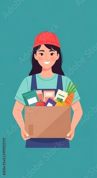 Fototapeta Smiling delivery woman in red cap and blue apron holding a box of fresh groceries and packaged food. Ideal for food delivery services, online shopping, and healthy eating concepts.