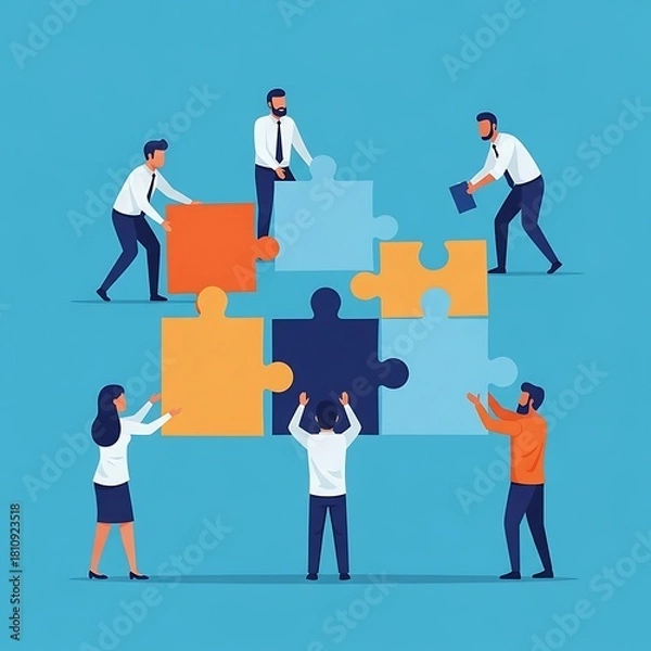 Fototapeta A diverse business team collaborates to assemble a large puzzle, symbolizing teamwork, problem-solving, and strategic partnership in achieving a common goal.