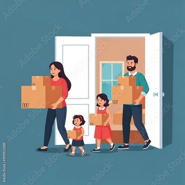 Fototapeta Smiling family carrying moving boxes, ready for a new beginning. Illustration of parents and children relocating, symbolizing home, future, and transition.