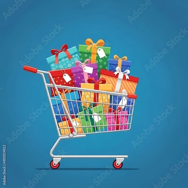 Fototapeta A vibrant illustration of a full shopping cart brimming with colorful gift boxes, perfect for sales, holidays, or special occasions. Ideal for e-commerce, promotions, and celebration themes.