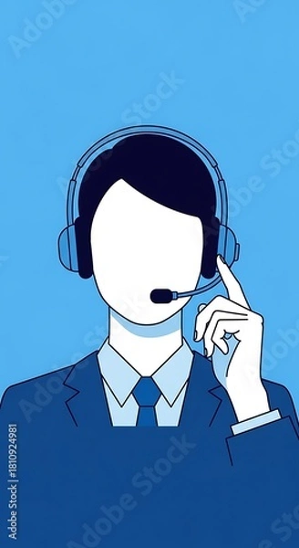 Fototapeta Abstract blue illustration of a professional call center agent or customer service representative wearing a headset, symbolizing support, communication, and assistance.