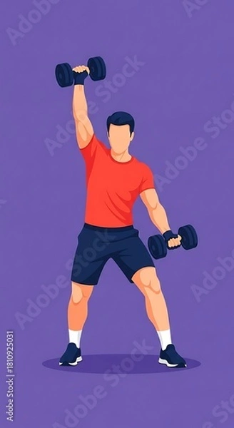 Fototapeta Dynamic flat illustration of a strong man performing a dumbbell workout, raising one weight overhead, dressed in gym attire. Ideal for fitness, health, and exercise content.