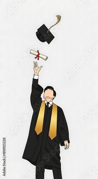 Fototapeta Vibrant illustration of a graduate in a black gown and gold stole, tossing their cap and holding a scroll, celebrating academic achievement and a successful graduation ceremony.