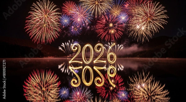 Obraz Spectacular fireworks display illuminating the night sky with vibrant colors and reflections on the water, celebrating the arrival of the year 2026