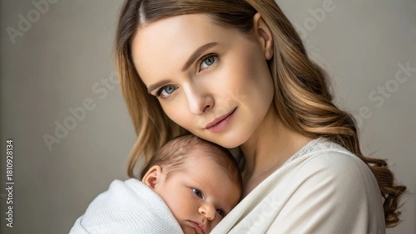 Fototapeta A mother holds her newborn baby close, radiating warmth and tenderness in a soft, intimate setting.