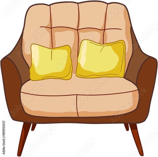 Fototapeta Spacious Beige and Brown Two-Seater Sofa with Soft Yellow Accent Pillows, Designed for Cozy and Stylish Living Room Comfort