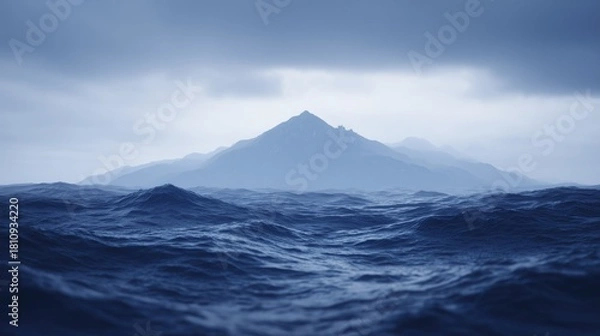 Fototapeta A distant mountain peak seen through the waves of an ocean. Misty, gloomy, dull weather conditions. Dark blue sea. Element. Ferocious, turbulent waters
