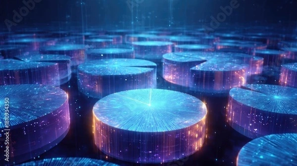 Fototapeta Cinematic market strength via metallic data visualization concept. A futuristic visualization of glowing data discs and patterns.