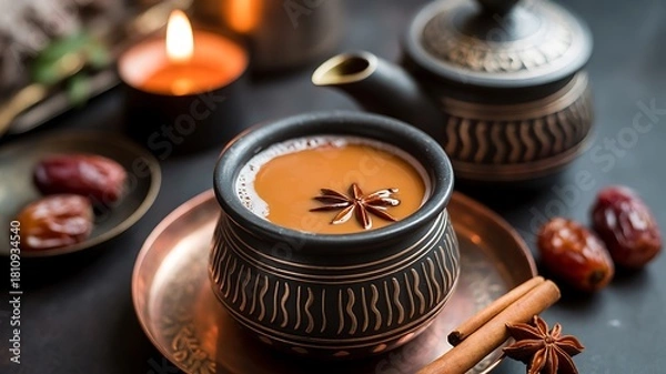 Obraz Traditional Indian chai tea served with dates and star anise masala chai Indian tea