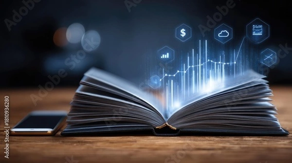 Fototapeta Accounting and financial planning flat lay with notebook concept. Open book with finance and data analytics graphics above it.