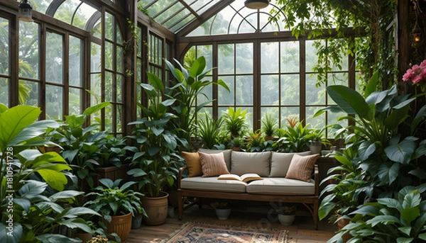 Obraz Rustic greenhouse reading nook with tropical foliage for concepts of comfort, serenity and eco-friendly interior