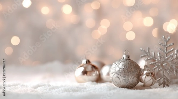 Obraz White Christmas background with silver decorations, soft snow accents, and elegant silver baubles, ribbons, and festive ornaments creating a pure, magical winter holiday scene.