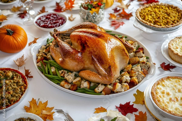 Fototapeta Traditional Thanksgiving dinner table with roasted turkey and festive autumn decorations