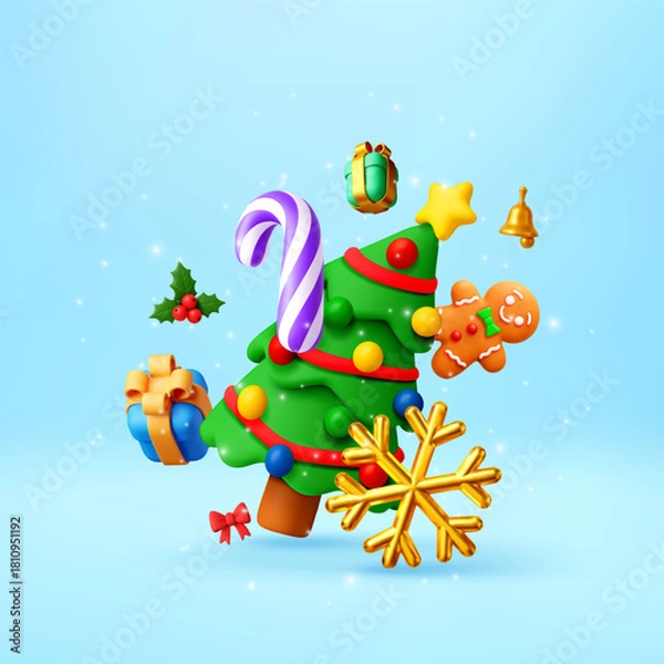 Fototapeta Christmas tree and festive decor objects. Holiday winter season celebration. Cute 3d vector illustration. New year greeting card concept.