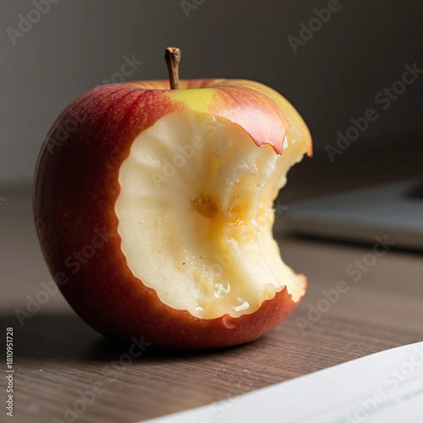 Fototapeta Bitten apple resting on desk surface with natural lighting  