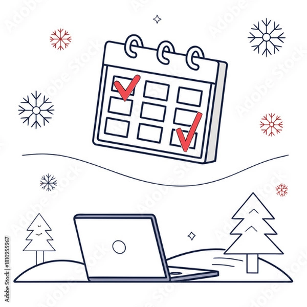 Fototapeta Winter Calendar and Laptop Illustration snow snowflakes