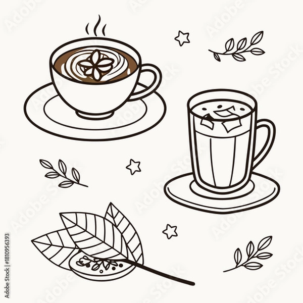 Obraz Doodle Style Coffee Drinks and Botanical Elements iced drink