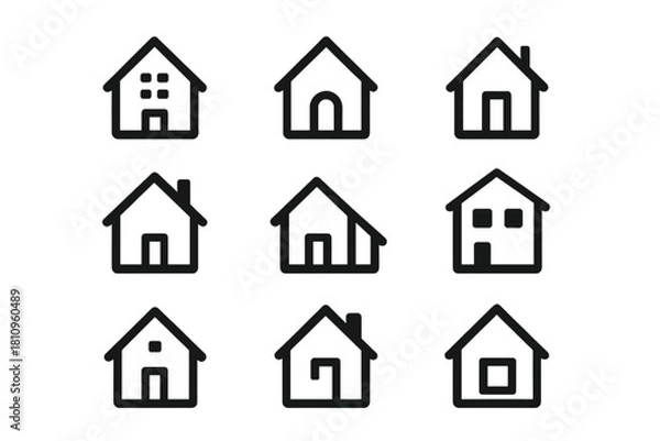 Obraz Nine simple black outline icons depicting houses with diverse roof and window styles