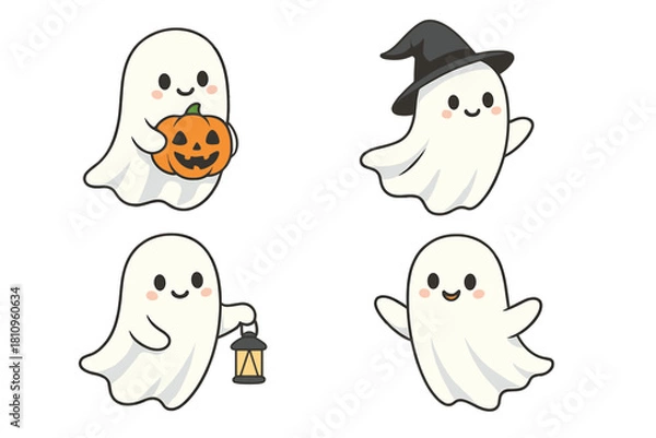 Fototapeta Set of cute cartoon ghost characters for Halloween celebration
