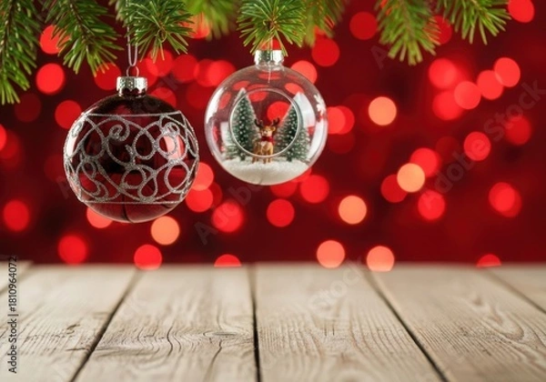 Fototapeta Christmas ornaments with bokeh background and wooden table