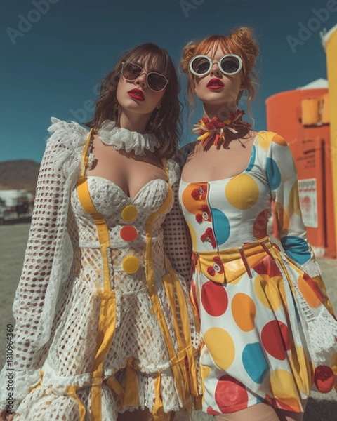 Obraz Modern Carnival Couture: High-Fashion Models in Playful Clown-Inspired Looks