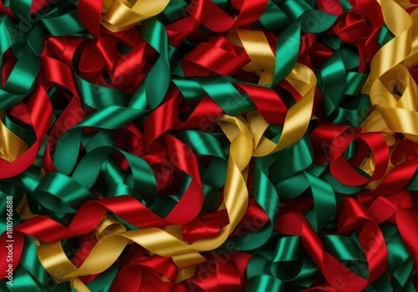 Fototapeta Red, green, and gold curly ribbons create festive background.