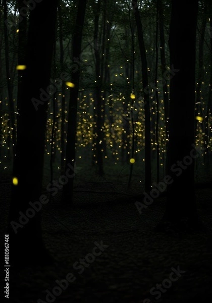 Fototapeta Enchanting forest scene with shimmering fireflies dancing in the darkness, a magical summer night perfect for fantasy landscapes and nature photography
