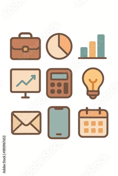 Obraz Collection of business and finance icons briefcase, chart, calculator, light bulb, calendar, and more