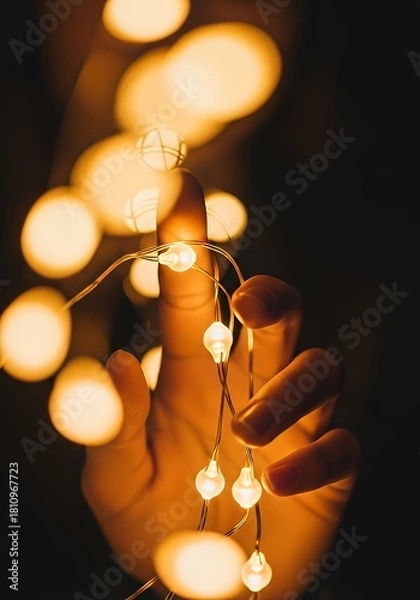 Fototapeta Warm light glowing from fairy lights held gently in hand, creating a cozy and magical feeling perfect for holiday promotions and heartfelt greetings