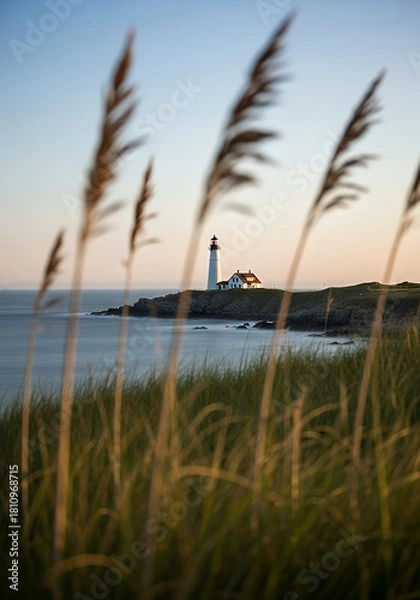 Fototapeta Breathtaking lighthouse view at dusk evokes coastal peace and serenity for travel inspiration or scenic backgrounds and serene natural beauty now