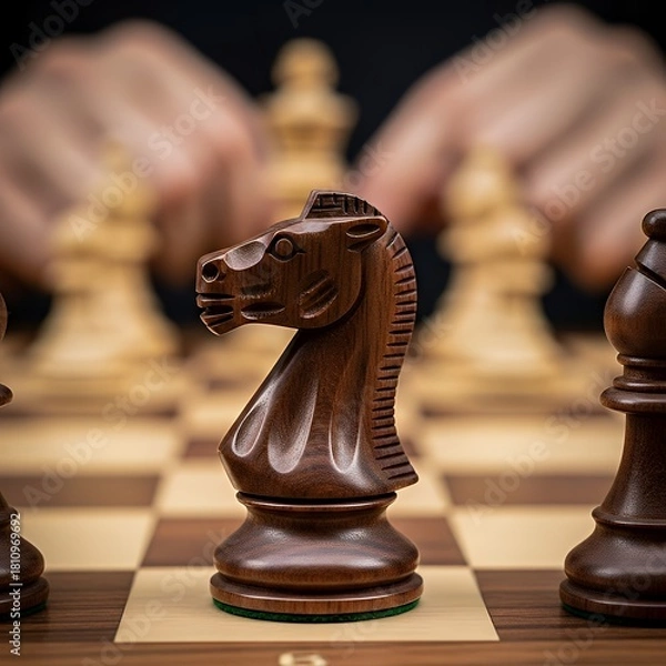 Fototapeta Elevated strategy game of chess for success, competition, and thoughtful decisions, showcasing a dark knight piece in a modern light