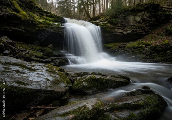 Fototapeta Discover stunning waterfalls cascading over mossy rocks in a lush forest, perfect for nature lovers and outdoor adventures seeking serenity and escape