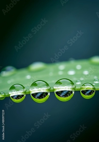 Fototapeta Stunning macro shot of glistening water droplets on vibrant green leaf reflecting intricate natural details, a testament to nature's beauty and delicate balance