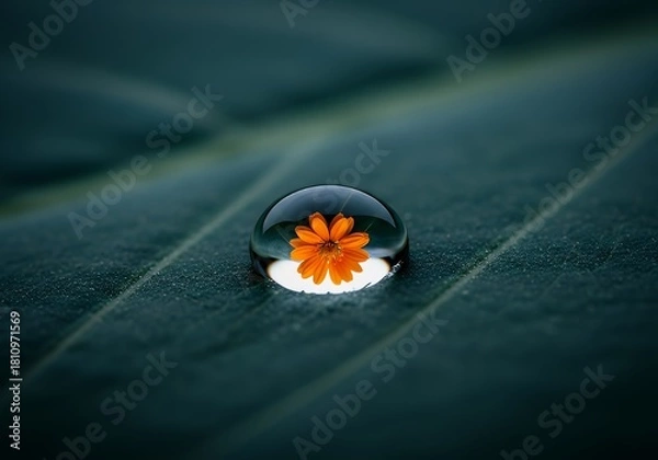 Fototapeta Stunning macro shot of vibrant orange flower reflected in a water droplet on a deep green leaf perfect for backgrounds or nature themed designs