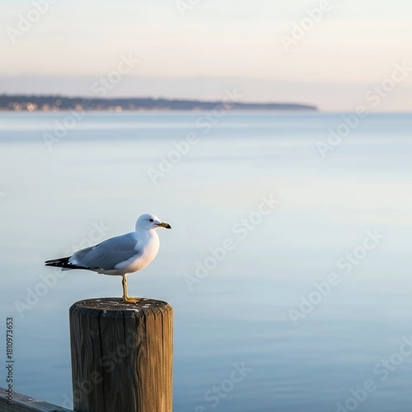 Fototapeta Peaceful morning scene of a seagull perched serenely on a wooden post overlooking the calm ocean waters, perfect for nature and travel themes
