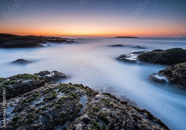 Fototapeta Breathtaking twilight seascape with ethereal water flowing around mossy rocks - feel the peace, perfect for travel blogs, nature prints, and mindfulness apps