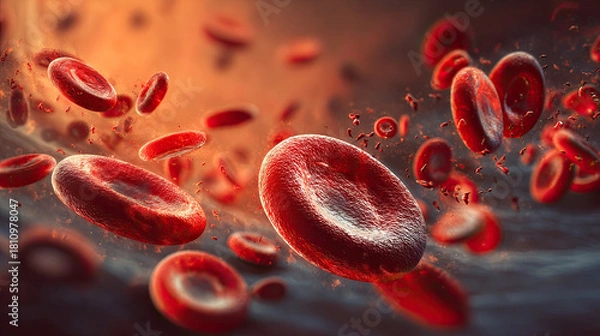 Fototapeta Erythrocytes and cholesterol cells in blood vessel concept. Close-up view of red blood cells in motion, showcasing their structure.