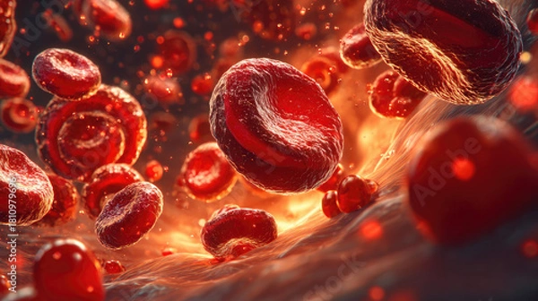 Fototapeta Blood clot blocking red blood cells stream in artery concept. Dynamic view of red blood cells in a vibrant biological setting.