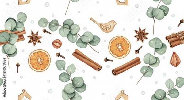 Obraz A seamless watercolor pattern featuring Christmas spices, eucalyptus leaves, and natural wooden elements on a white background.
