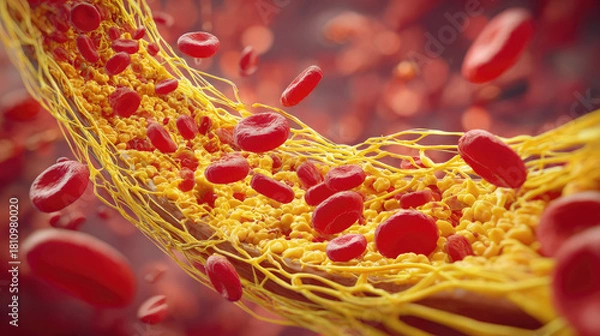 Fototapeta Clogged arteries with cholesterol plaque concept. Microscopic view of blood cells and fat structure in arteries.