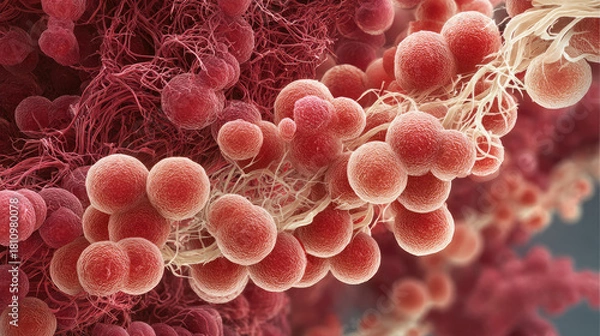 Fototapeta Blood clot blocking red blood cells stream concept. Microscopic view of bacteria in vibrant colors displaying structure.