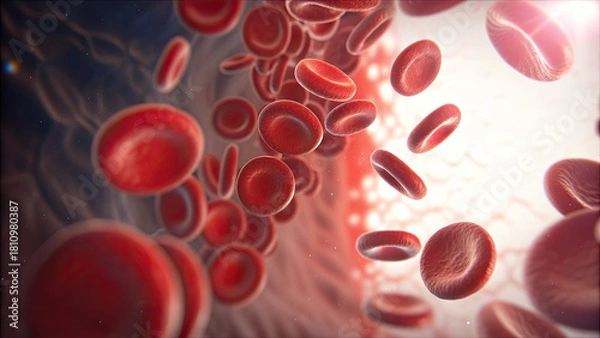 Fototapeta Blood clot blocking red blood cells stream concept. Microscopic view of red blood cells flowing through the bloodstream.